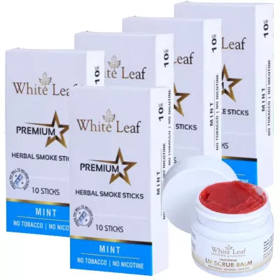 White Leaf Premium Herbal Cigarette Mint + Lip Scrub Balm (5 Box Each 10 sticks +20g) (1Pack)