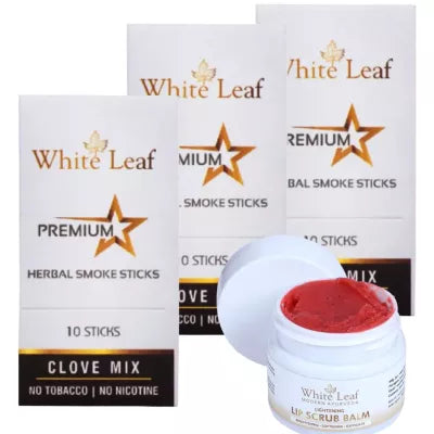 White Leaf Premium Herbal Cigarette Clove Mix + Lip Scrub Balm (3 Box Each 10 sticks +20g) (1Pack)