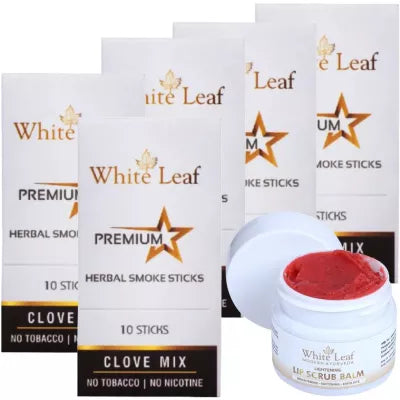 White Leaf Premium Herbal Cigarette Clove Mix + Lip Scrub Balm (5 Box Each 10 sticks +20g) (1Pack)