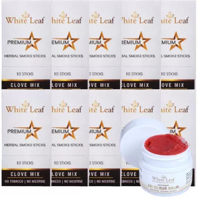 White Leaf Premium Herbal Cigarette Clove Mix + Lip Scrub Balm (10 Box Each 10 sticks +20g) (1Pack)