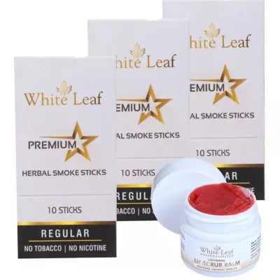 White Leaf Premium Herbal Cigarette Regular + Lip Scrub Balm (3 Box Each 10 sticks +20g) (1Pack)