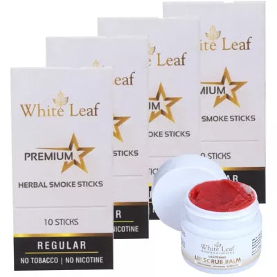 White Leaf Premium Herbal Cigarette Regular + Lip Scrub Balm (4 Box Each 10 sticks +20g) (1Pack)