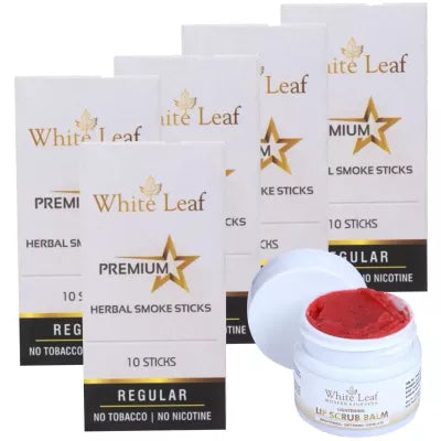 White Leaf Premium Herbal Cigarette Regular + Lip Scrub Balm (5 Box Each 10 sticks +20g) (1Pack)