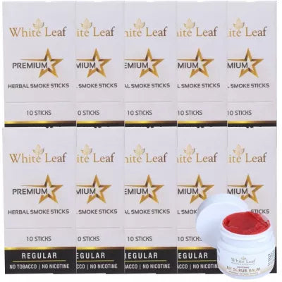 White Leaf Premium Herbal Cigarette Regular + Lip Scrub Balm (10 Box Each 10 sticks +20g) (1Pack)