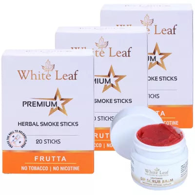 White Leaf Premium Herbal Cigarette Frutta + Lip Scrub Balm (3 Box Each 20 sticks +20g) (1Pack)