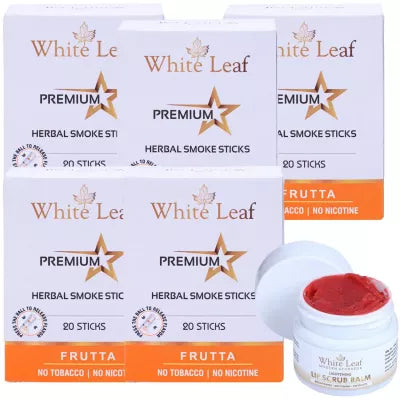 White Leaf Premium Herbal Cigarette Frutta + Lip Scrub Balm (5 Box Each 20 sticks +20g) (1Pack)