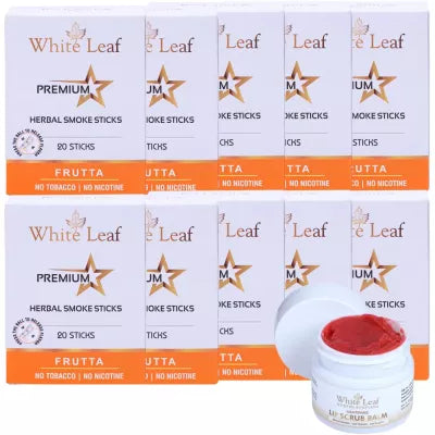 White Leaf Premium Herbal Cigarette Frutta + Lip Scrub Balm (10 Box Each 20 sticks +20g) (1Pack)