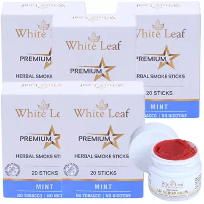 White Leaf Premium Herbal Cigarette Mint + Lip Scrub Balm (5 Box Each 20 sticks +20g) (1Pack)