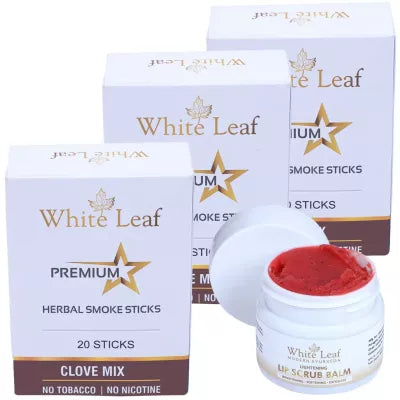 White Leaf Premium Herbal Cigarette Clove Mix + Lip Scrub Balm (3 Box Each 20 sticks +20g) (1Pack)