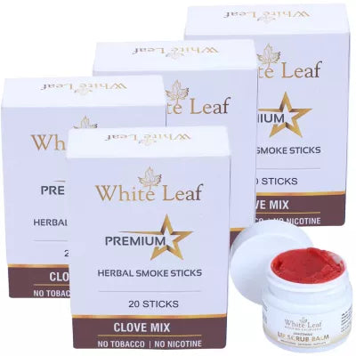 White Leaf Premium Herbal Cigarette Clove Mix + Lip Scrub Balm (4 Box Each 20 sticks +20g) (1Pack)