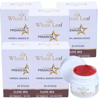 White Leaf Premium Herbal Cigarette Clove Mix + Lip Scrub Balm (5 Box Each 20 sticks +20g) (1Pack)