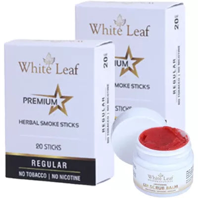 White Leaf Premium Herbal Cigarette Regular + Lip Scrub Balm (2 Box Each 20 sticks +20g) (1Pack)