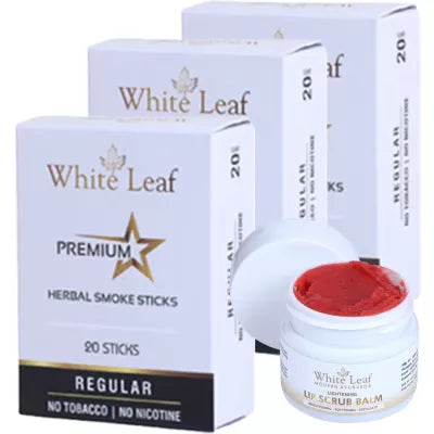 White Leaf Premium Herbal Cigarette Regular + Lip Scrub Balm (3 Box Each 20 sticks +20g) (1Pack)