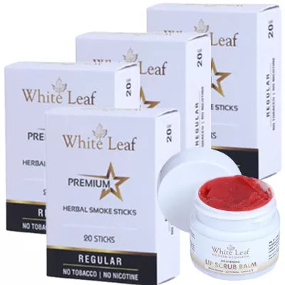 White Leaf Premium Herbal Cigarette Regular + Lip Scrub Balm (4 Box Each 20 sticks +20g) (1Pack)