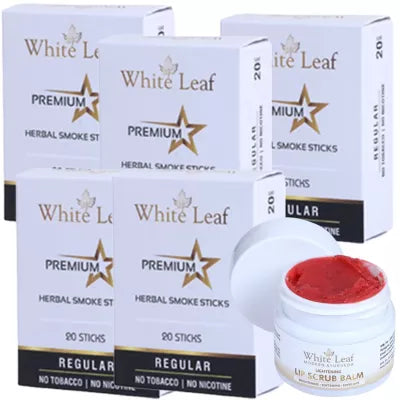 White Leaf Premium Herbal Cigarette Regular + Lip Scrub Balm (5 Box Each 20 sticks +20g) (1Pack)