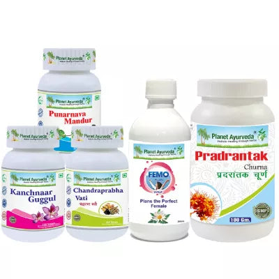 Planet Ayurveda Pradrantak Churna + CHANDRAPRABHA VATI + Punarnava Mandur + Kanchnaar Guggul + Femo Plan Syrup (100 GM + 120 TABLETS Each + 200 ML)