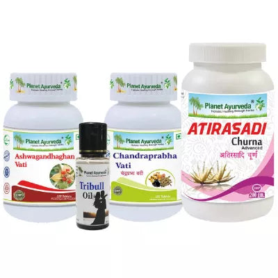 Planet Ayurveda Atirasadi Churna + Chandraprabha Vati + Tri-Bull Oil + ASHWAGANDHAGHAN VATI (200 GM + 120 TABLETS + 50 ML + 120 TABLETS)