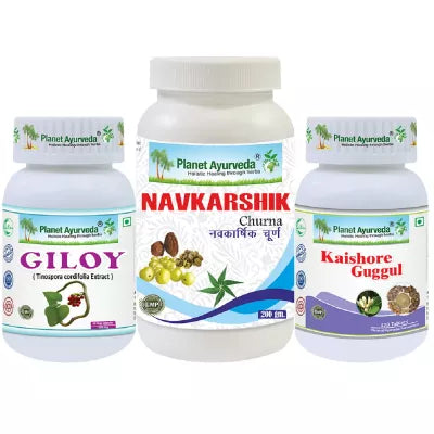 Planet Ayurveda Kaishore Guggul + Navkarshik Churna + Giloy CAPSULESules (120 TABLETS + 200 GM + 60 CAPSULES)