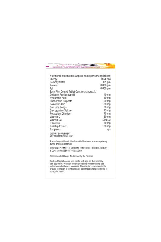 شین I فلیکسوجائنٹ I کولیجن پیپٹائڈ ٹائپ II I Hyaluronic Acid I Chondroitin I Sulphate I Boswellic Acid I Curcuma Longa I Glucosamine Sulfate Potassium I Chloride I Vitamin CI Vitamin D3 I Diacerein I Rosehip Extract I 10x1x10 گولیاں