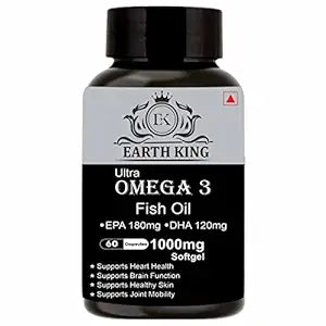 EARTH KING Ultra Omega 3 Fish Oil - 1000mg (180 mg EPA & 120 mg DHA) Supports Healthy Heart, Brain, Better Skin, Bones, Joint & Eye Care – 60 Capsules
