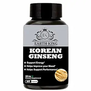 EARTH KING Korean Ginseng Root Extract Dietary Supplement | Strength, Stamina & Energy – 60 Capsules