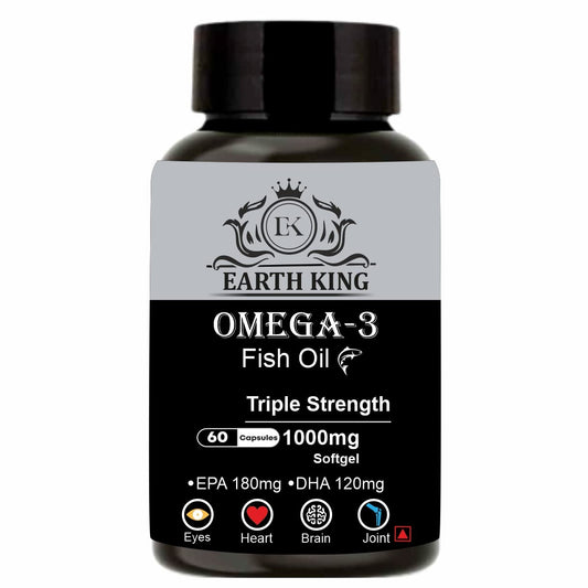 EARTH KING Triple Strength Omega 3 Fish Oil - 1000mg (180 mg EPA & 120 mg DHA) Supports Healthy Heart, Brain, Better Skin, Bones, Joint & Eye Care – 60 Capsules